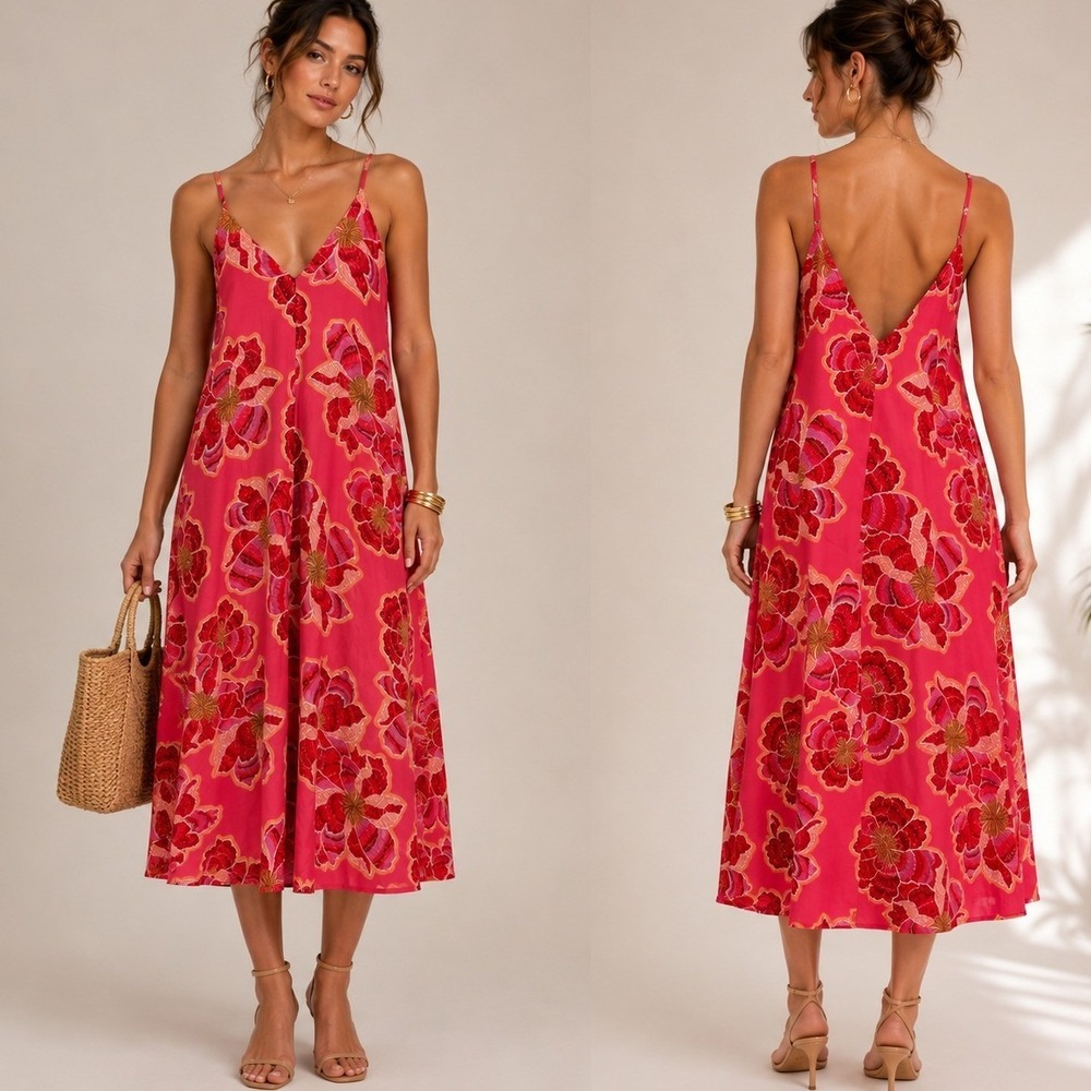 LOFT Fresh Guava Textured Floral Linen Blend Strappy Maxi Dress Size 4 Boho